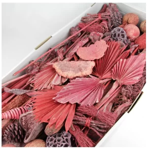 Mix eksotičnega suhega cvetja, vej in plodov rdeče frosted barve v beli škatli.